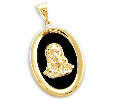 14k Yellow Gold Jesus Face Charm Pendant w/ Black Onyx  